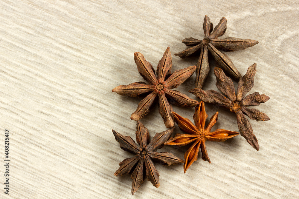 Star anise exotic spice on a wooden table