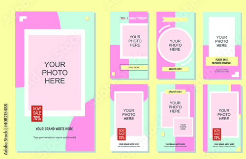 Banner template story for social media, blue, pink and yellow color. Perfect for your brand promotion and increase sales results