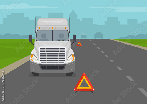 Broken down american truck on highway with reflective warning sign. Driving a car. Flat vector illustration template.