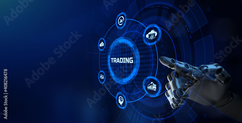 AI Robotic trader financial forex trading automation concept. Robotic arm 3d rendering.