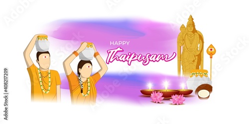 Vector illustration concept of Happy Thaipusam or Thaipoosam greeting with milk pot, spear, diya. Traditional Tamil Hindu Festival. 