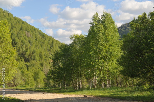 Ridder, Kazakhstan - 06.05.2013 : A road laid along a mountainous and hilly area with trees, shrubs and various types of grass.