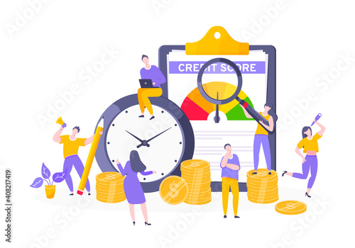 Credit score report with arrow gauge speedometer indicator with color levels on giant clipboard. Measurement from poor to excellent rating with tiny people working together vector illustration.