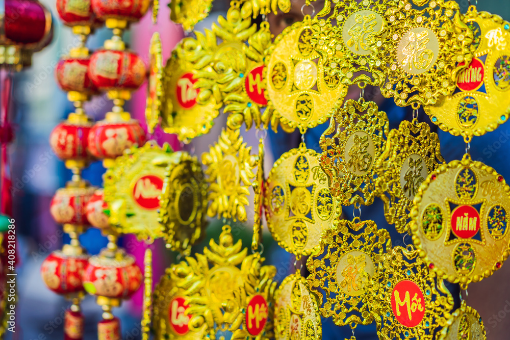 Decoration item for Lunar new year with text Happy new year in Vietnamese and wishes of all the best TEXT TRANSLATION from Vietnamese: Congratulations on the Vietnamese, Chinese New Years and wishes Decoration item for Lunar new year with text Happy new year in Vietnamese and wishes of all the best TEXT TRANSLATION from Vietnamese: Congratulations on the Vietnamese, Chinese New Years and wishes