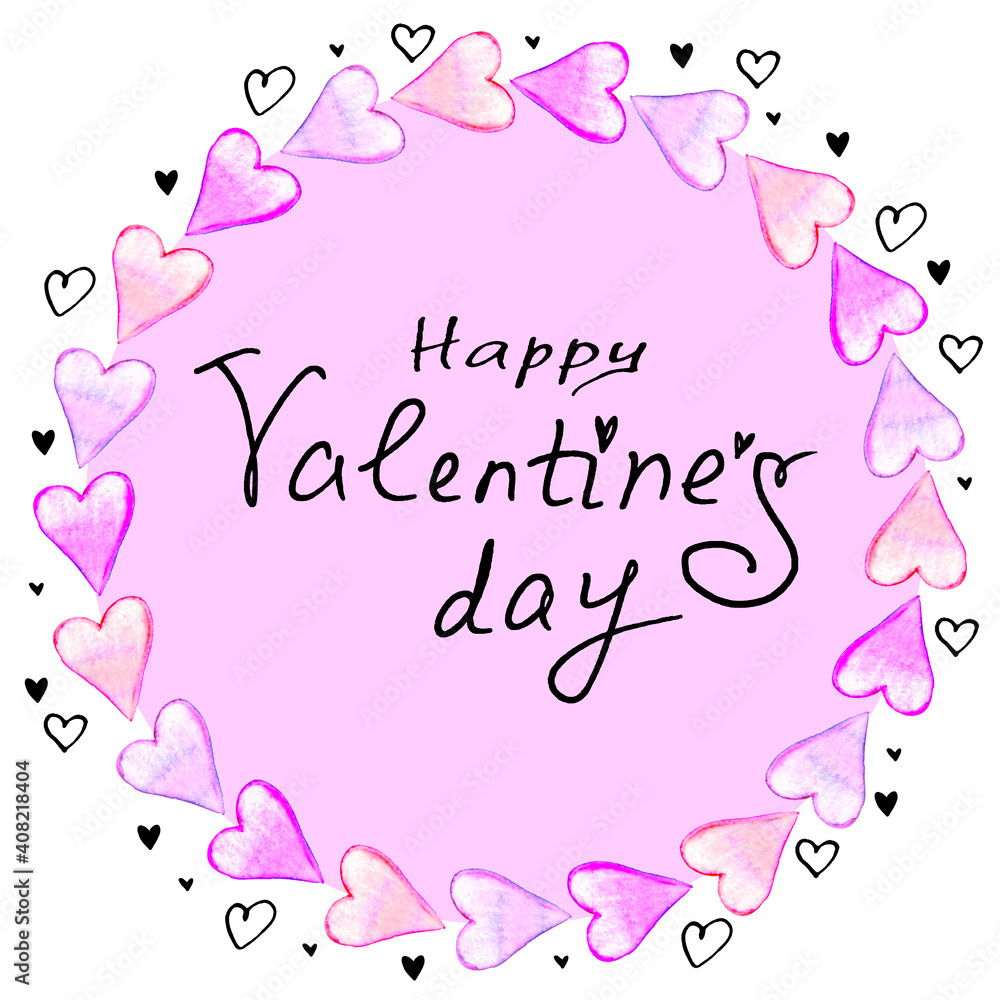 Be my Valentine - lettering in frame of pink watercolor hearts. Title, background template for Valentine's Day, greeting cards, declarations of love, web Be my Valentine - lettering in frame of pink watercolor hearts. Title, background template for Valentine's Day, greeting cards, declarations of love, web