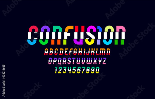 Bright broken font, trendy multi colored alphabet with shift, modern letters and numbers with break, vector illustration 10EPS
