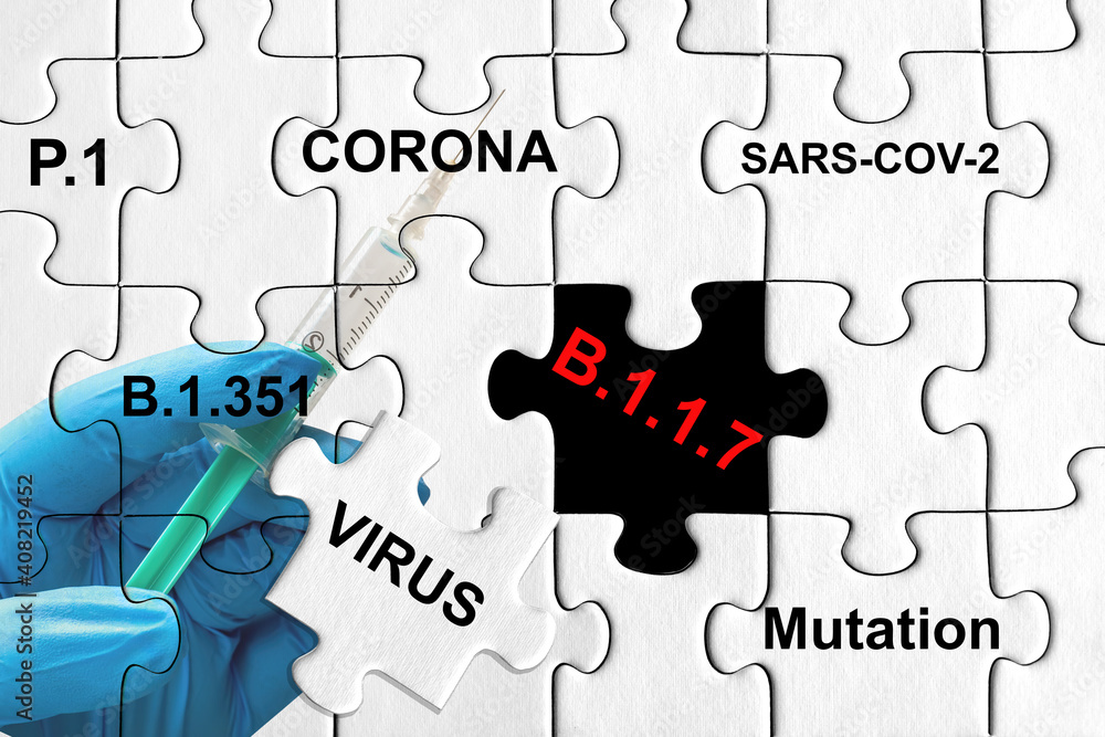 Puzzle with different Corona Virus Variants. Sars-cov-2, P.1, B.1.1.7, B.1.351 Puzzle with different Corona Virus Variants. Sars-cov-2, P.1, B.1.1.7, B.1.351