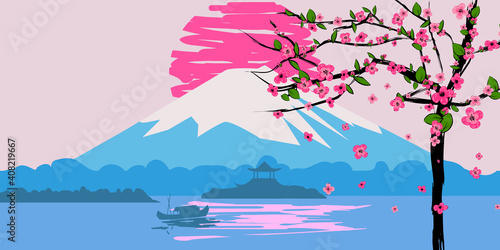 Fuji Mountain sunrise landscape Japan panorama. Cherry blossom tree spring, Lake, sun, boat Asian temple