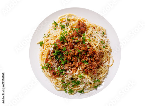 plate of pasta bolognese isolated on white background