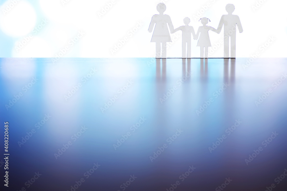 Cutout paper chain family with the protection of cupped hands, concept for security and care Cutout paper chain family with the protection of cupped hands, concept for security and care