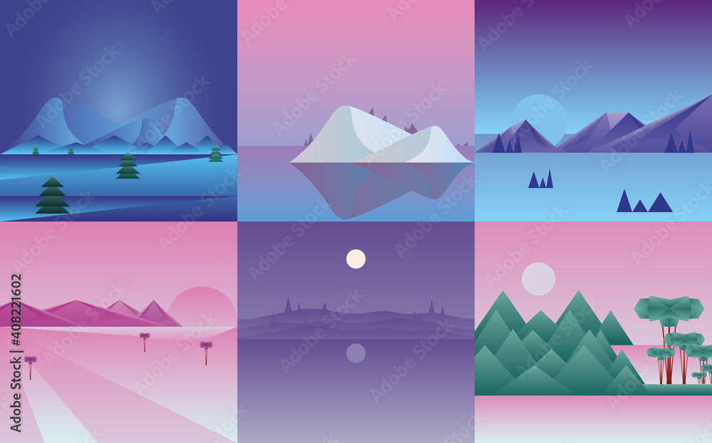 Polygonal landscapes icon collection vector design