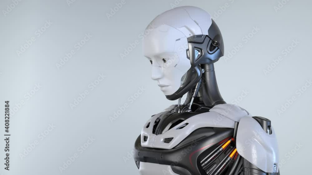 Cyborg is staring at something with interest. 3D animation Cyborg is staring at something with interest. 3D animation