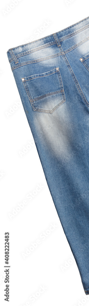 Fototapeta premium Waist, back pocket, leg areas of light blue jeans slightly tilted on white background. Jeans have faded white spots on them. Isolated. Portrait size. Shopping, clothing store concepts