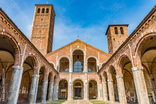 Basilica of Sant'Ambrogio (official name: Basilica romana minore collegiata abbaziale prepositurale di Sant'Ambrogio) in the centre of Milan, northern Italy.