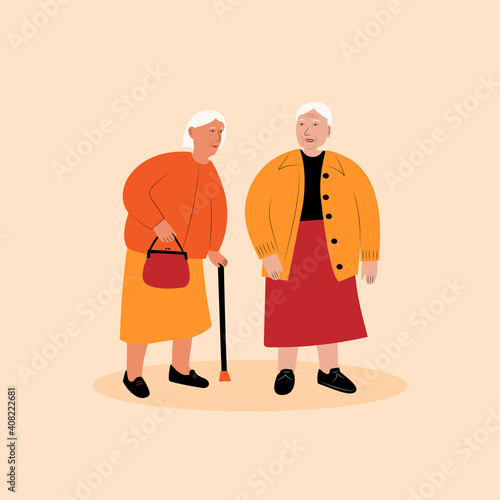 Two elderly standing women. Grandmothers with gray hair. Flat colorful vector illustration