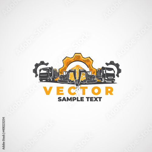 Construction heavy truck, excavator, gear and mounds of minerals.