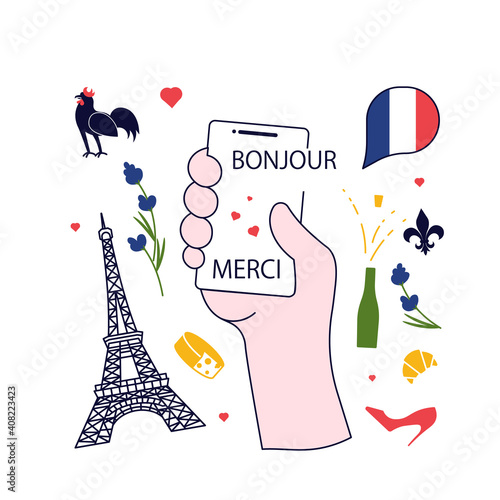 Concept of French language app for course or dictionary. Hand holds smartphone with educational app and France landmarks logos around. Vector Illustration