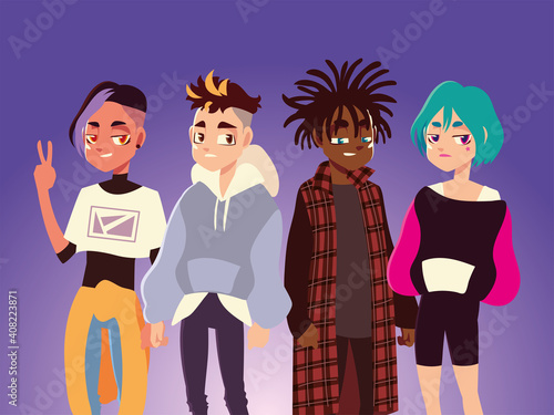 teenage boy and girl hairstyle fashionable clothes, young culture, vector design