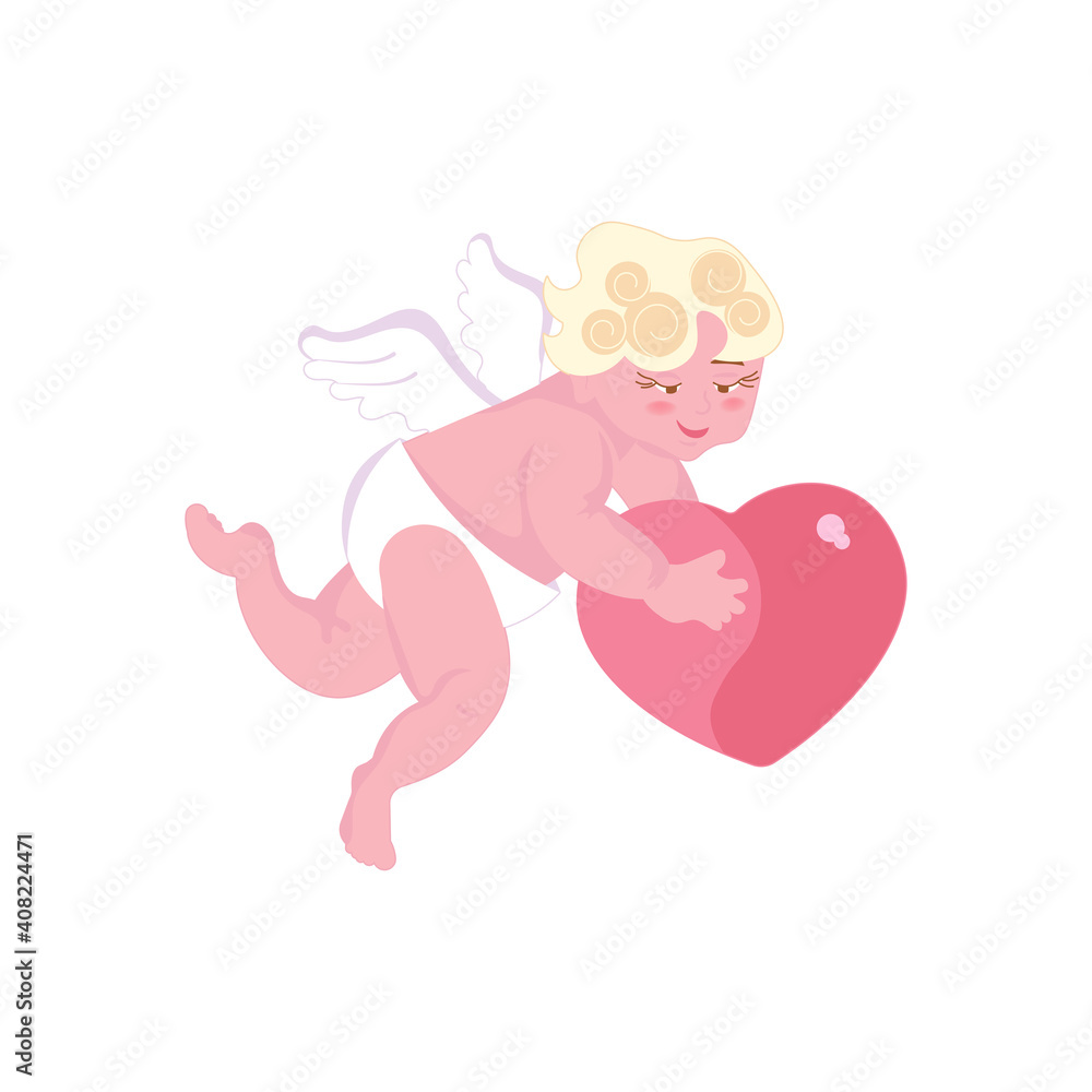 Cute cupid baby holding a big heart isolated on white background. Flat Art Vector illustration