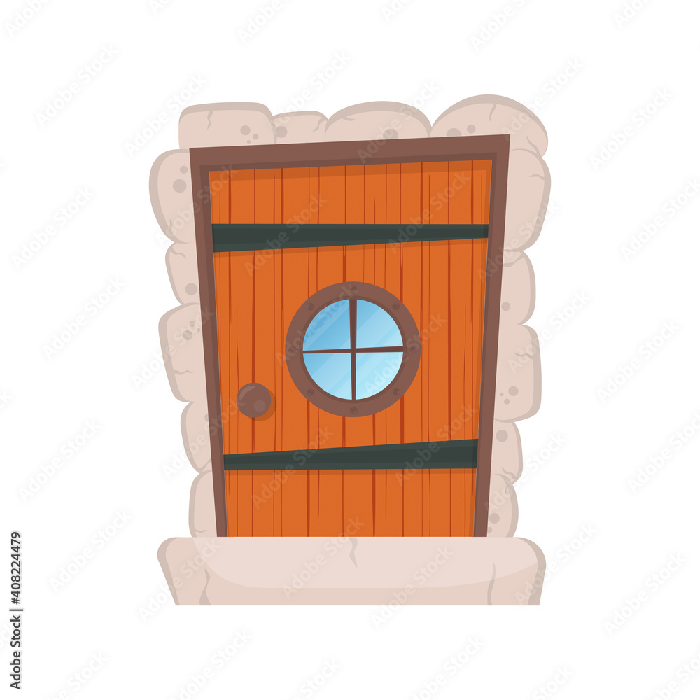 Antique rectangular wooden entrance door with a round window. Stone ...