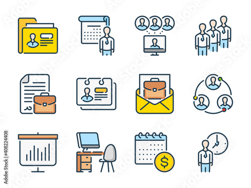 Job offer and Human resources related vector line color icons. Job interview and Head hunting outline colorful icon set.