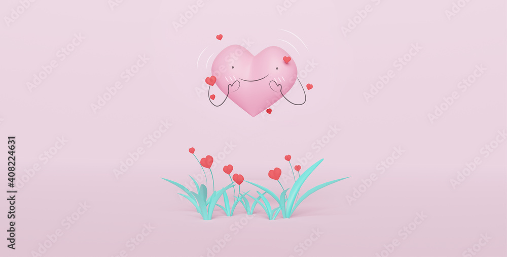 3D of hearts characters as symbols of love. Heart flying above heart plant. Happy Valentine's Day. 3D of hearts characters as symbols of love. Heart flying above heart plant. Happy Valentine's Day.