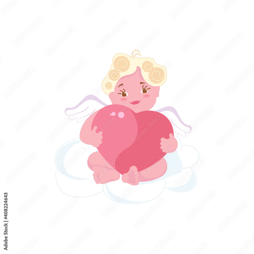 Cute cupid baby holding a big heart isolated on white background. Flat Art Vector illustration Cute cupid baby holding a big heart isolated on white background. Flat Art Vector illustration