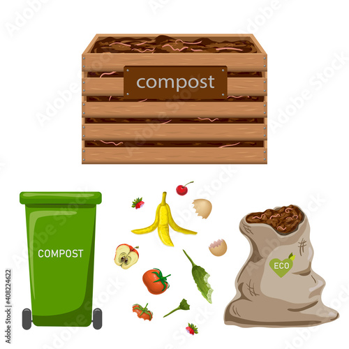 set of garden composters for bio recycling of natural biodegradable waste, organic garbage like food leavings. vector illustration. wooden compost box, plastic bin, bag full of fertile soil with worms