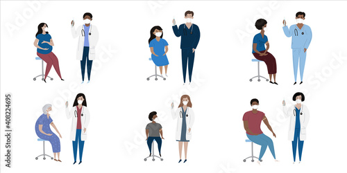 Vaccination immunity cartoon set of hand drawn isolated diverse characters with patient kids and adult doctors. Black, asian, caucasion doctors and patients wearing masks.