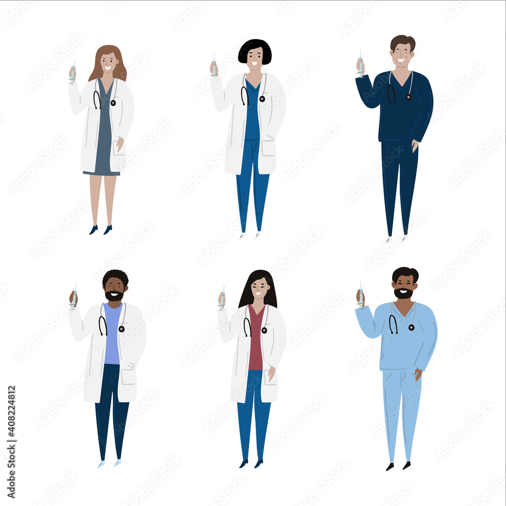 Vaccination immunity cartoon set of hand drawn isolated diverse multiple nationalities adult doctors. Black, asian, caucasion doctors holding sirynge.