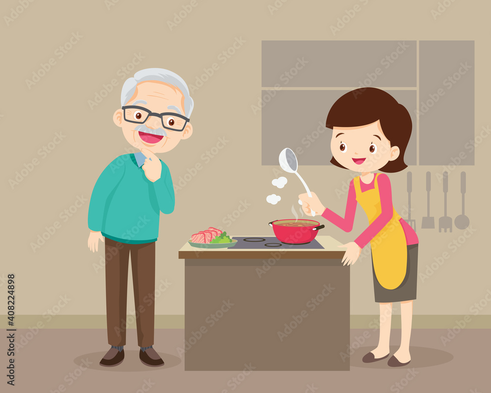 elderly man looking to lovely woman cooking in kitchen elderly man looking to lovely woman cooking in kitchen
