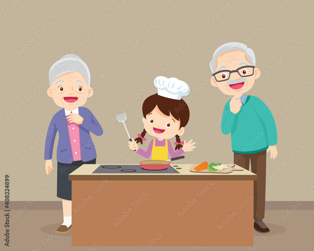 elderly happy looking at child girl cooking in kitchen elderly happy looking at child girl cooking in kitchen