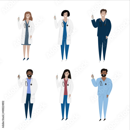 Vaccination immunity cartoon set of hand drawn isolated diverse multiple nationalities adult doctors. Black, asian, caucasion doctors holding sirynge.