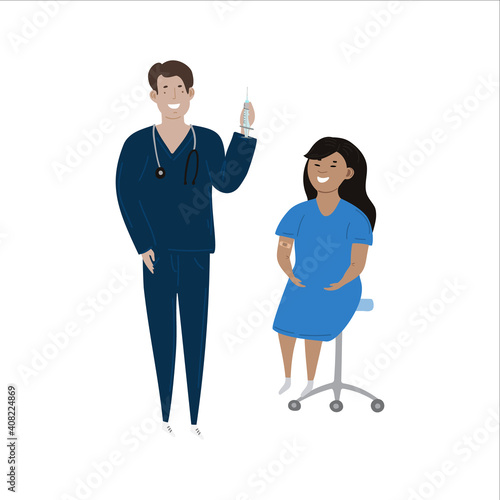 Vector hand drawn illustration of immunication vaccination concept. Caucasion doctor with sirynge and happy asian girl child who received the vaccine.