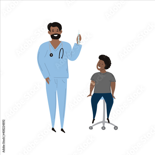 Vector hand drawn illustration of immunication vaccination concept. Indian, south asian doctor with sirynge and happy vlack or latino boy child who received the vaccine.
