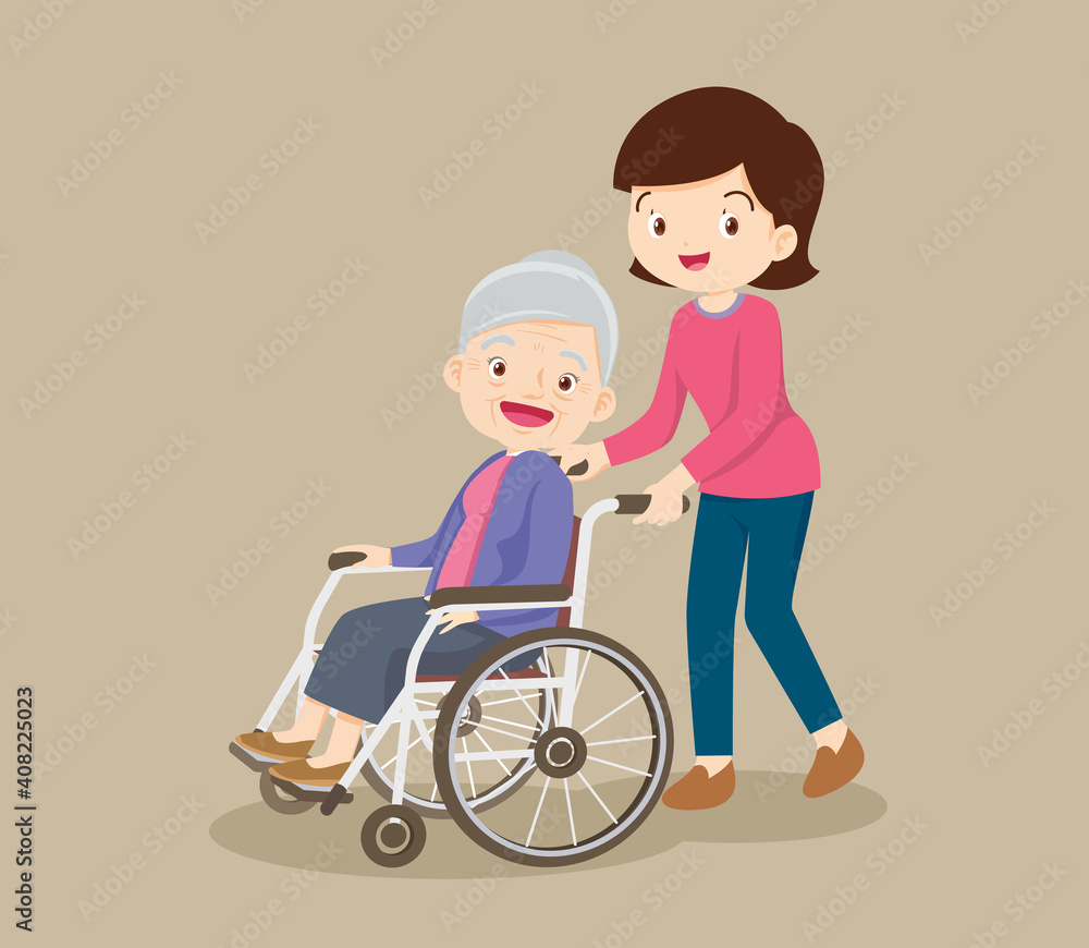 caring woman and grandmother sitting on wheelchair caring woman and grandmother sitting on wheelchair