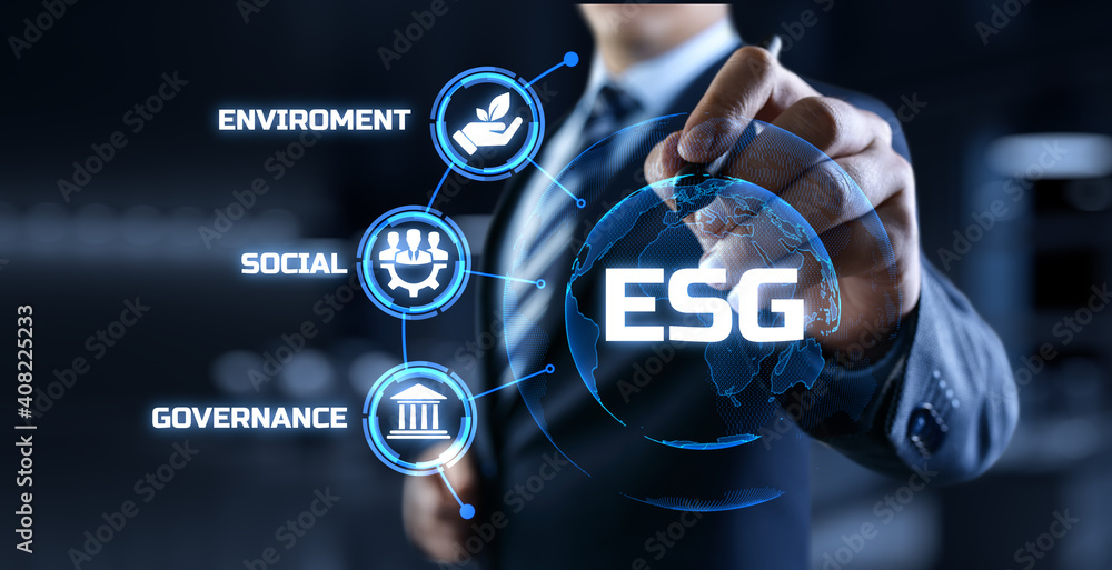 ESG environmental social governance business strategy investing concept. Businessman pressing button on screen. - obrazy, fototapety, plakaty 