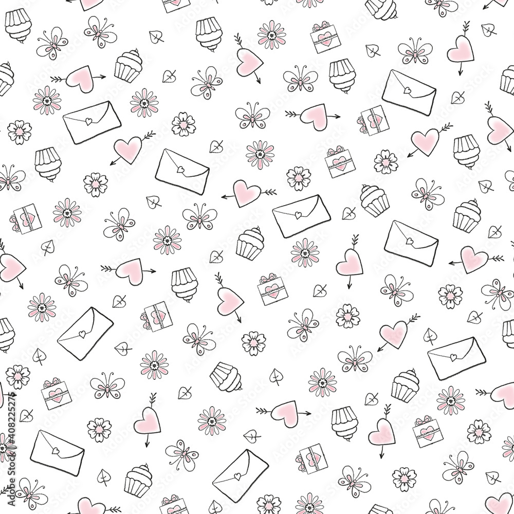 Seamless pattern for Valentine's Day. Linear doodles by hand on a white background. Isolated hearts, letter, cake, flowers, leaves. Seamless pattern for Valentine's Day. Linear doodles by hand on a white background. Isolated hearts, letter, cake, flowers, leaves.