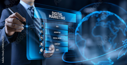 DIgital marketing online internet SEO SEM SMM. Businessman pressing button on screen. photo