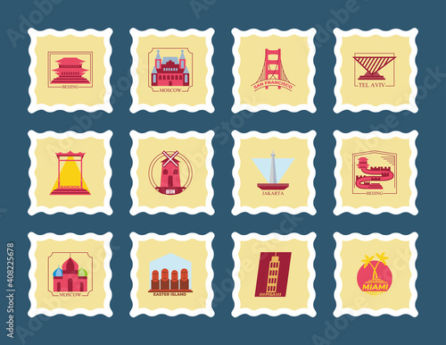 World city stamps icon collection vector design