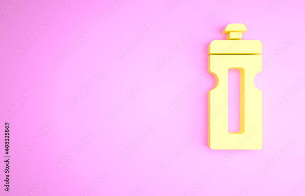 Yellow Fitness shaker icon isolated on pink background. Sports shaker bottle with lid for water and protein cocktails. Minimalism concept. 3d illustration 3D render. Yellow Fitness shaker icon isolated on pink background. Sports shaker bottle with lid for water and protein cocktails. Minimalism concept. 3d illustration 3D render.