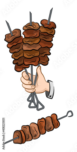 Hand Holding Skewers with Roasted Meat, Traditional Food Barbecue, Steaks, Kebab or Shashlik. Isolated on White Background. Vector