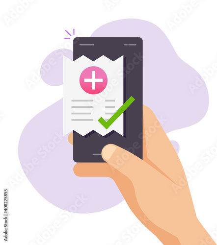 Mobile pharmacy medical cost receipt on cell phone, person paid bill via smartphone vector icon flat cartoon, concept of medicine tax payment, insurance expense paper receipt on cellphone design