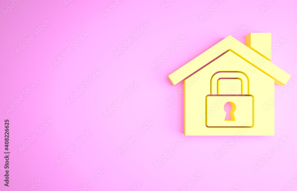 Yellow House under protection icon isolated on pink background. Home and lock. Protection, safety, security, protect, defense concept. Minimalism concept. 3d illustration 3D render. Yellow House under protection icon isolated on pink background. Home and lock. Protection, safety, security, protect, defense concept. Minimalism concept. 3d illustration 3D render.