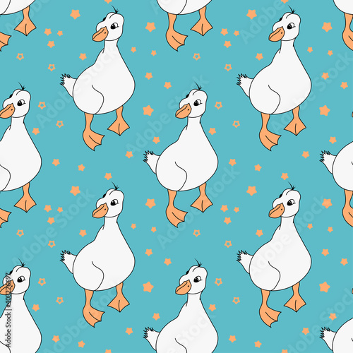 Vector seamless pattern with cute ducks. Cool design elements. Симпатичный бесшовный узор с белыми утками на голубом фоне.
