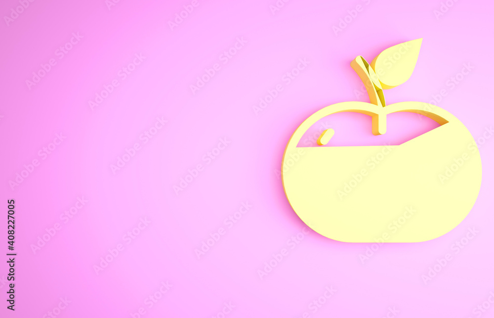 Yellow Apple in caramel icon isolated on pink background. Minimalism concept. 3d illustration 3D render. Yellow Apple in caramel icon isolated on pink background. Minimalism concept. 3d illustration 3D render.