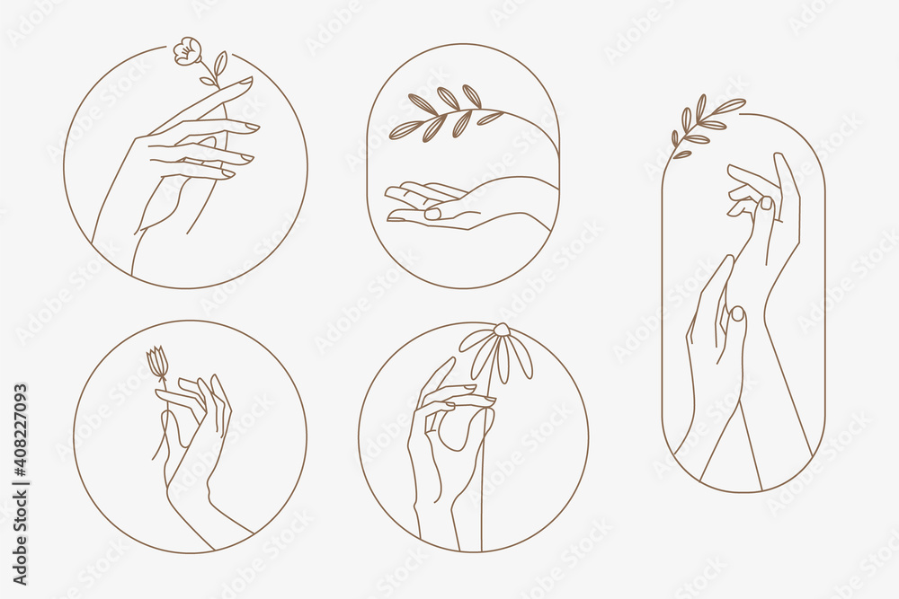 Obraz premium Set of modern line hands concepts for beauty, cosmetics, healthcare, body care, fashion. Vector illustration elements for graphic and web design, marketing material, product presentation, social media