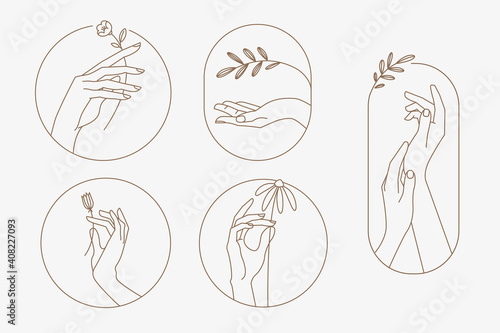 Set of modern line hands concepts for beauty, cosmetics, healthcare, body care, fashion. Vector illustration elements for graphic and web design, marketing material, product presentation, social media