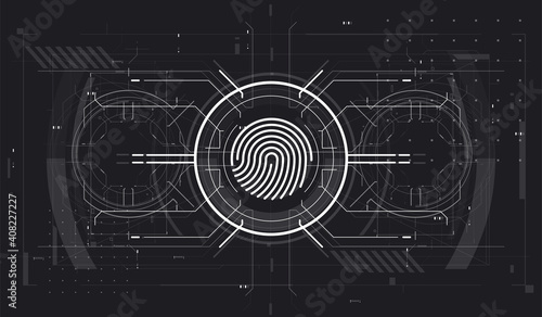 Biometric id with Futuristic HUD Interface. Fingerprint Scanning Technology Concept Illustration. Identification System Scanning. Finger Scan in Futuristic Style.