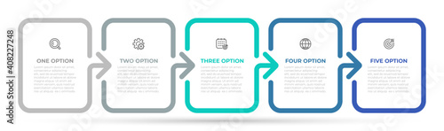 Vector infographic template. Time line process with 5 options, steps, parts. Business concept with arrows and marketing icons.